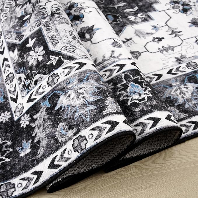 Amearea Vintage Design Area Rugs for Living Room, 8x10 Machine Washable Floral Collection Traditional Bedroom Rug, Low Pile Cute Kids Room Print Carpet, No Slip Office Kitchen Home Decor, Black