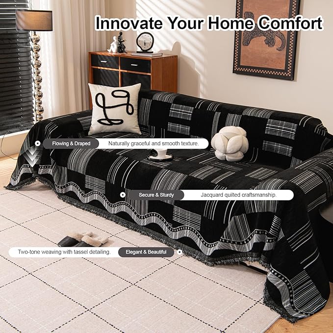 ROOMLIFE Black Sofa Cover, Vintage Boho Couch Cover for 3 Cushion Sofa, Non Slip Chenille Sofa Slipcovers for Dog, Washable Furniture Sofa Protector Cover with Tassel for Living Room, 71''X118”