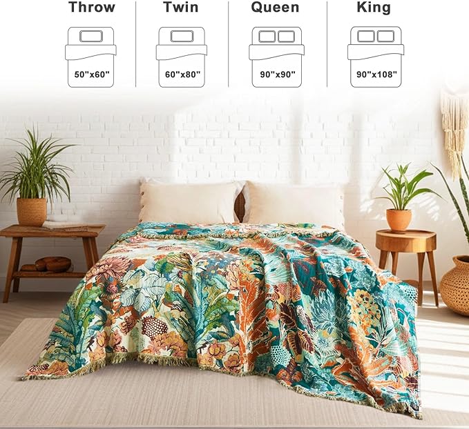 Boho Throw Blanket for Couch Sofa Chair Cotton Spring Blankets for Bedroom Living Room All Season Soft Lightweight Reversible Botanical Floral Embroidery Decorative Throws 50"x60" Home Decor