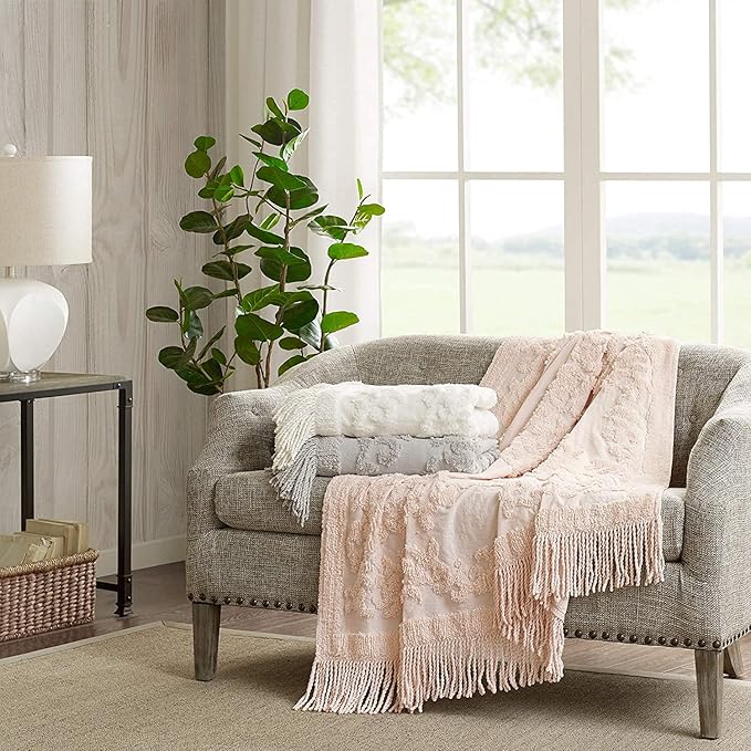 Madison Park 100% Cotton Tufted Chenille Design With Fringe Tassel Luxury Elegant Chic Lightweight, Breathable Cover, Luxe Cottage Room Décor Summer Blanket, 50" x 60", Ivory