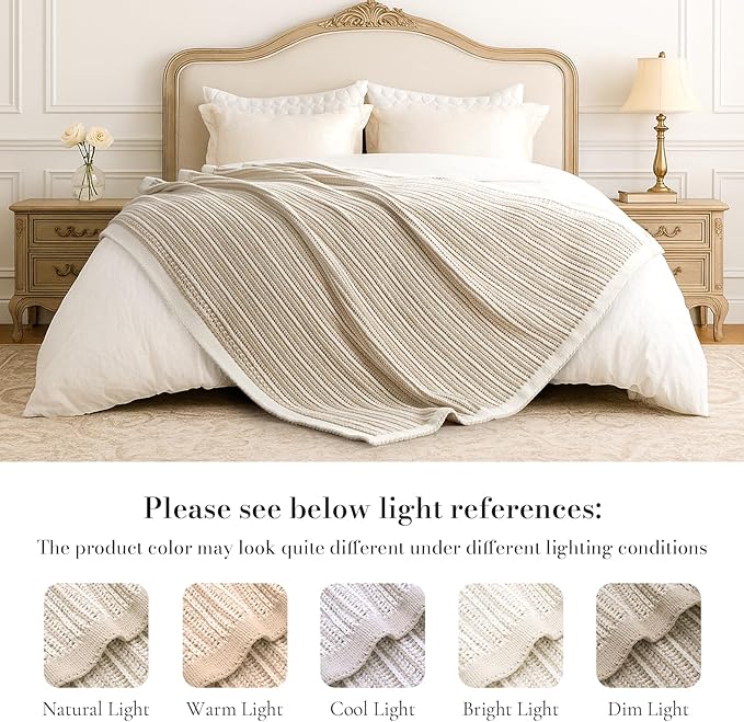 Amélie Home Striped Knit Throw Blanket for Couch, Dual-Sided Soft Chenille Decorative Blankets for Sofa & Chair, 50"x60", Khaki & White