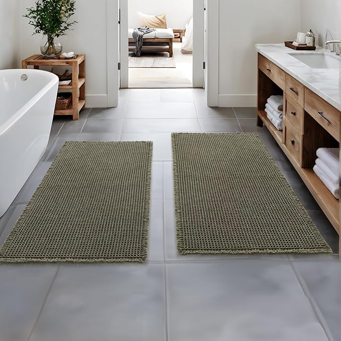 MIULEE Set of 2 Waffle Bathroom Runner Rugs, Boho Bath Rugs Non Slip, Super Absorbent Runner Bath Mats, Rubber Backed Shower Mats for Hallway Bedroom Laundry Room, Green, 2'x4'(24x48 Inch)