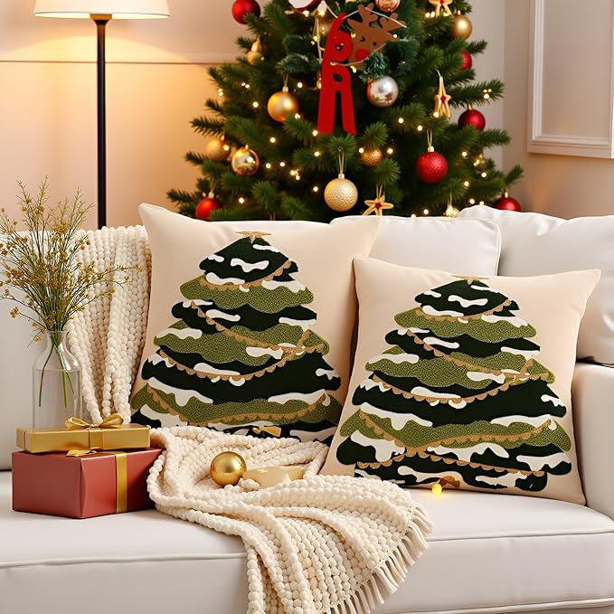 Tosleo Christmas Tufted Pillow Covers 18 x 18 inch Set of 2 Green Xmas Tree with Gold Star Throw Pillow Cover Party Decor Winter Holiday Embroidery Cushion Case for Sofa Couch Bed Living Room