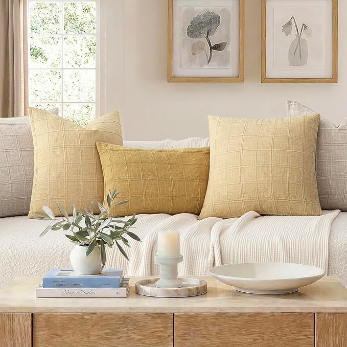 Foindtower Set of 2 Decorative Linen Check Throw Pillow Covers Neutral Farmhouse Vintage Cushion Covers Modern Boho Accent Home Decor for Sofa Chair Couch Bedroom Living Room,22×22 Inch,Light Yellow