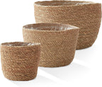 Casafield Set of 3 Seagrass Planter Baskets with Liners - Natural, Hand Woven Indoor Flower Pot Covers for Plants, Succulents, Home Decor