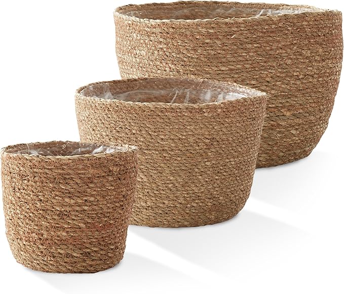 Casafield Set of 3 Seagrass Planter Baskets with Liners - Natural, Hand Woven Indoor Flower Pot Covers for Plants, Succulents, Home Decor