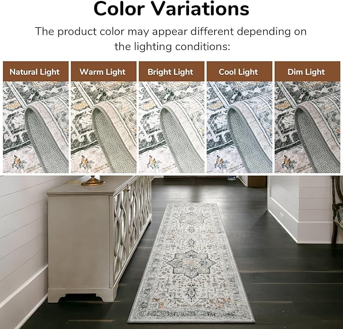 Lessymo Washable 2x6 Runner Rug for Hallway Entryway, Non Slip Kitchen Area Rugs Indoor Mat for Bedroom Bathroom Laundry Farmhouse, Soft Vintage Floor Carpet Stain Resistant Low Pile, Grey/Brown