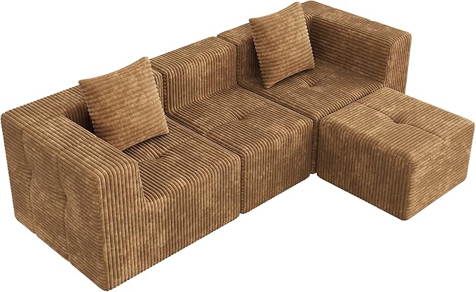 WLIVE 108'' Cloud Sectional Couches for Living Room, Modular Boneless Couch with Left Facing Chaise, L Shape Memory Foam Corduroy, with Ottoman, Brown