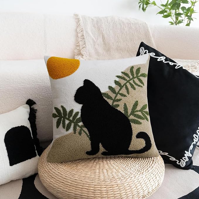 JASEN Cat Boho Throw Pillow Covers 18x18 Cute Absract Tufted Pillow Covers Cushion Case for Bed Couch Sofa Home Decor（Only 1 Pillow Cover）