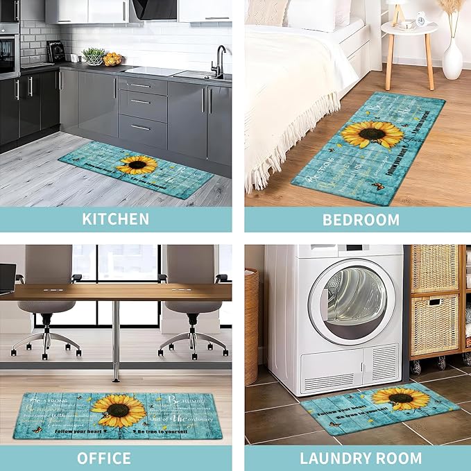 Likiyol Sunflower Kitchen Rugs Sets of 3 Kitchen Mats for Floor Anti Fatigue Mats for Kitchen Floor, Spring Floral Flower Non Slip Washable Standing Floor Mats, 18''x30''+18''x48''+18''x60''(Blue)