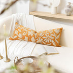 BlissBlush 14x36 Lumbar Pillow Cover for Bed, Yellow Mustard Rectangular Long Throw Pillowcase, Embroidered Velvet Floral Tufted Farmhouse Accent Cushion (Cover Only)