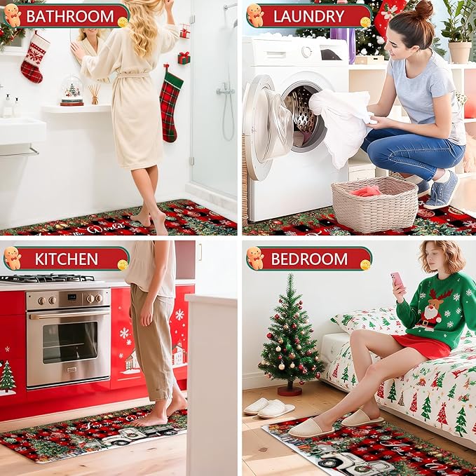 Christmas Rugs for Kitchen Floor, Red Buffalo Plaid Christmas Truck Mats for Kitchen Floor Rubber Non Slip, 2PCS Farmhouse XmasTree Kitchen Mat Cushioned for Room Doorway 15.7"×27.5" +15.7"×47"