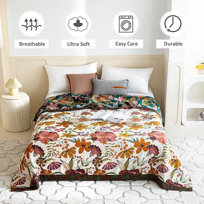 Boho Throw Blanket for Bed 100% Cotton Soft Breathable Quilt Floral Leaves Embroidery Home Decor Reversible Bed Spring Blankets,60"x80" All Season Twin Blankets for Sofa Couch Chair