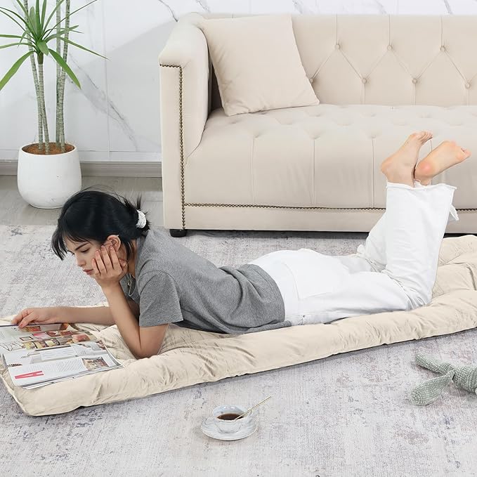 HOMBYS Floor Lounger Pillow Foldable and Tufted Design Long Floor Cushion for Yoga, Reading, Sleeping, Meditation, Elastic Band for Roll Up and Easy Storage, Machine Washable (Beige, 62"x27")