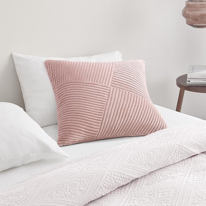 Topfinel Pack of 2 Decorative Pink Throw Pillow Covers 16x16 Inch Modern Farmhouse Spring Home Decor Soft Corduroy Textured Boho Striped for Sofa Living Room Couch Bed