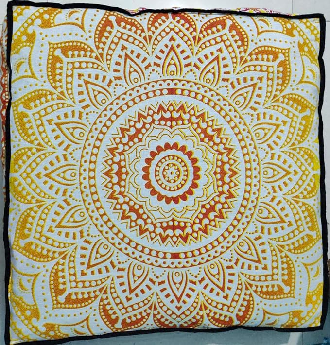 INDIAN CRAFT CASTLE 24" Yellow Ombre Mandala Barmeri Large Floor Pillow Cover Cushion Meditation Seating Ottoman Throw Cover Hippie Decorative Zipped Bohemian Pouf Ottoman Pom Pom Cases 24" Square