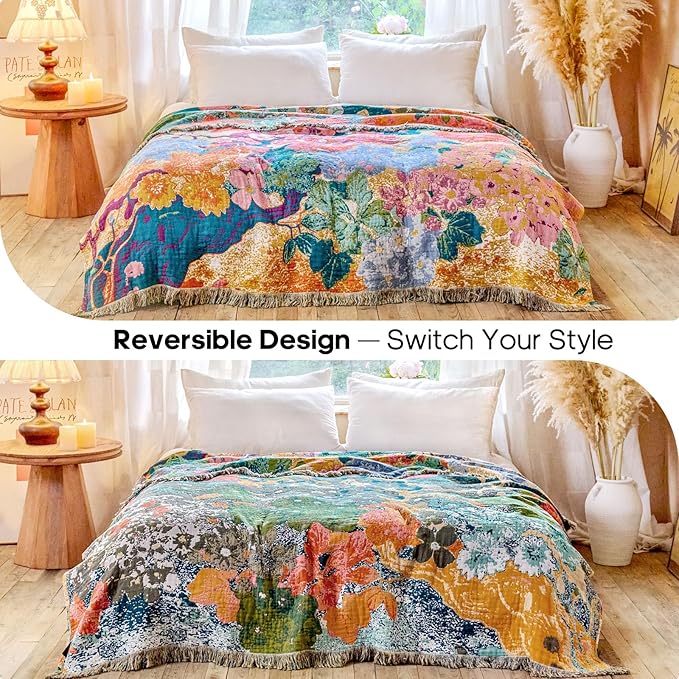 Boho Floral Throw Blanket 60"x80" 100% Cotton Twin Size Bed Blanket with Tassels,Reversible Soft Breathable Lightweight Decorative Flower Blankets for Couch Sofa Farmhouse Decor All Season