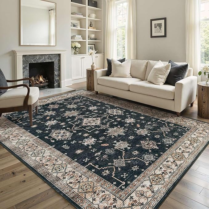 5x7 Area Rugs for Living Room Bedroom, Large Washable Rug, Black Vintage Floral Boho Rug, Non Slip & Low Pile Faux Wool Thin Carpet for Indoor Dining Room and Kids Room(Black 5x7ft)