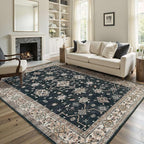 5x7 Area Rugs for Living Room Bedroom, Large Washable Rug, Black Vintage Floral Boho Rug, Non Slip & Low Pile Faux Wool Thin Carpet for Indoor Dining Room and Kids Room(Black 5x7ft)