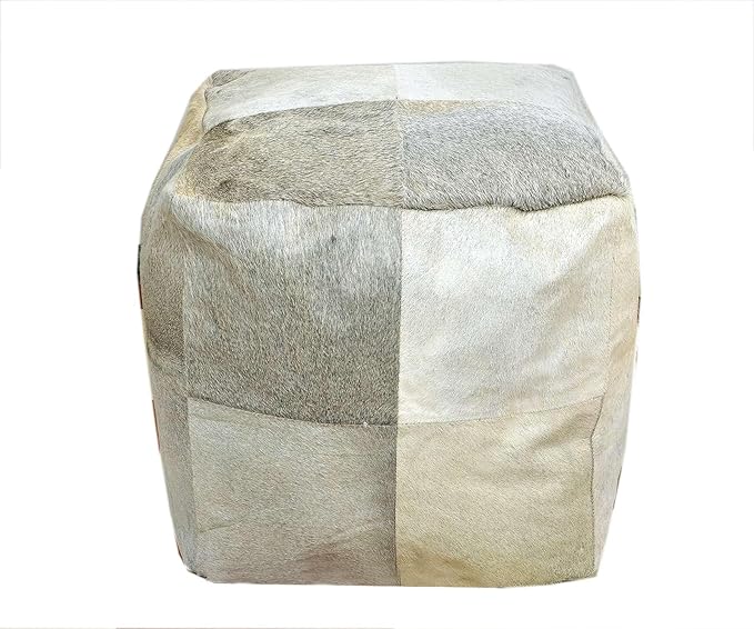Unstuffed Premium Hair-on Leather Ottoman Pouf Cover, Boho Handmade Genuine Cowhide Square Footstool, Modern Cube Ottoman Footrest for Home Decor Living Room, Bedroom - 18X18 Inch, Grey