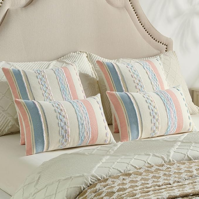 FUTEI Pink Blue Decorative Throw Pillow Covers 12x20 Inch Set of 2, Soft Tufted Striped Textured Accent Pillow Case,Boho Pillows for Couch Decor