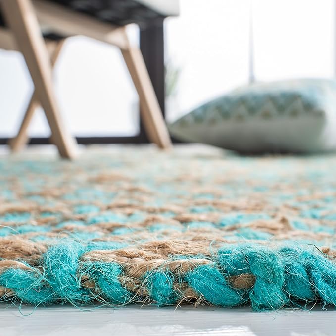 SAFAVIEH Area Rug 8x10 - Natural Fiber Collection - Large - Turquoise & Natural, Handmade Jute, Boho Style, Diamond Pattern, Ideal for Living Room, Bedroom, Dining Space (NF266C)