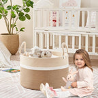 KAKAMAY Large Blanket Basket (20"x13"),Woven Baskets for storage Baby Laundry Hamper, Cotton Rope Blanket Basket for Living Room, Laundry, Nursery, Pillows, Baby Toy chest (White and Brown)