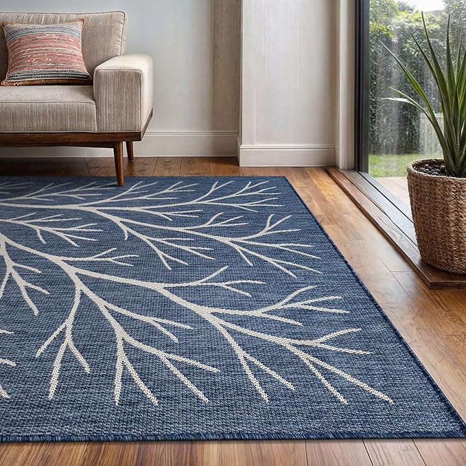 Washable Indoor Outdoor Rug 6x9 Modern Area Rugs Branch Pattern Non Shedding Waterproof Easy Clean Patio Deck Porch Living Room Bedroom Garden RV (6 X 9 Blue)