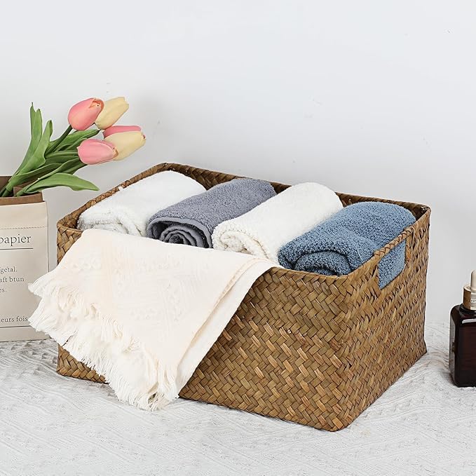 Hipiwe Seagrass Storage Basket Bin Rectangular Handwoven Wicker Storage Box with Handle Opened Baskets Box for Shelf Organizing Closet Bathroom, Caramel, Medium