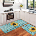 Likiyol Sunflower Kitchen Rugs Set of 2 Anti-Fatigue Mats, Spring Non-Slip Washable Floral Standing Floor Mat, 18''x30''+18''x48'' (Blue)