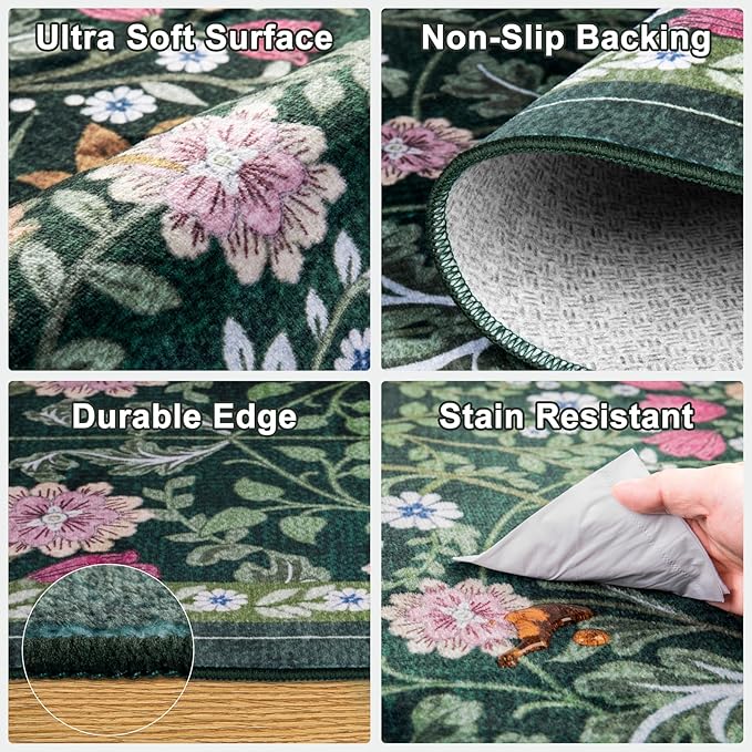 Round Area Rug for Living Room: 4 ft Floral Washable Circle Rug Soft Boho Non-Slip Carpet Indoor Stain Resistant Low Pile Small Circular Rug for Bedroom Entryway Kitchen Nursery Home Office Dark Green