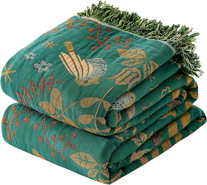 Boho Throw Blanket 50"x60", Soft Cozy 100% Cotton Blanket for Bed, Spring Blankets with Floral Bird Farmhouse Decor Breathable Lightweight King Size All Season
