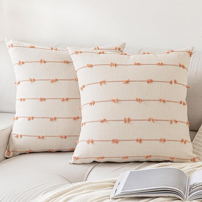 Boho Throw Pillow Covers 20x20 Set of 2 Modern Farmhouse Decorative Cushion Case Tufted Linen Square Pillows Cover Neutral Pillow Cases Accent Pillowcase for Sofa,Couch,Bed,Beige and Pink