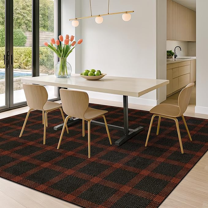Easy Jute 8x10 Buffalo Plaid Living Room Rug - Retro Black and Red Rug for Dining Room Under Table, Non Slip Washable Carpet for Bedroom Under Bed and Fireplace, Washable Woven Fall & Holiday Decor