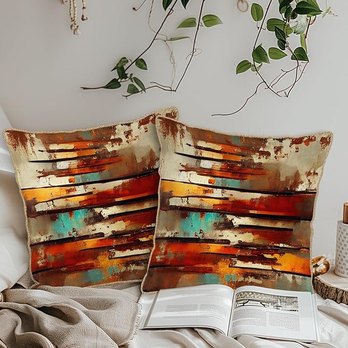 Burnt Orange Teal Rust Soft Velvet Throw Pillow Covers Set of 2 Abstract Vintage Metalic Copper Pillow Covers 20x20 Inch Retro Colorful Pillow Case For Sofa Couch Living Room Farmhouse Home Decor