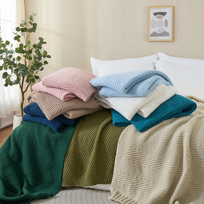 Knitted Throw Blanket 50"X60", Brown Knit Throws for Bed, Super Soft Boho Chevron Blankets for Couch Sofa Chair Room Decor, Textured Decorative Farmhouse Cozy Lightweight