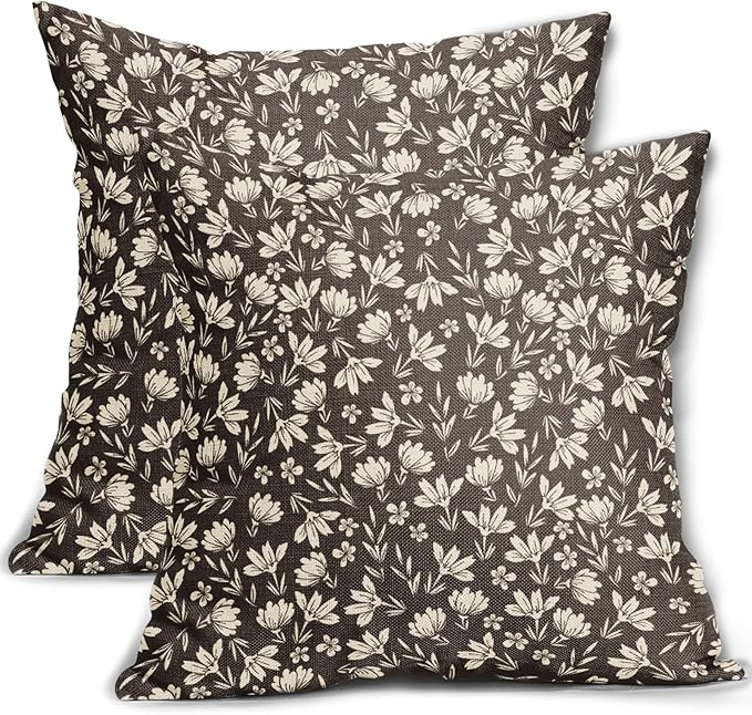 Dark Light Brown Pillow Covers 18x18 Set of 2 Vintage Floral Rustic Old Style Cute Flower Print Decorative Outdoor Pillowcases Seasonal Farmhouse Throw Cushion Case Decor for Couch Sofa Bed