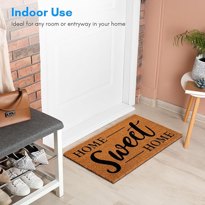 PLUS Haven 17.5x30 Home Sweet Home Door Mat with Heavy-Duty Backing - Coco Coir Doormat for Outdoor or Indoor Uses - Non-Slip Welcome Mats for Entryway or Porch - Easy to Clean - Natural Brown