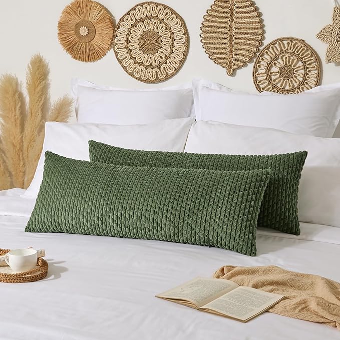 Kevin Textile Spring 14x36 Inch Long Lumbar 1 Pack Boho Decorative Throw Pillow Cover Soft Striped Corduroy Rectangle Cushion Case Solid Color Accent for Living Room Couch Sofa Bed, Moss Green