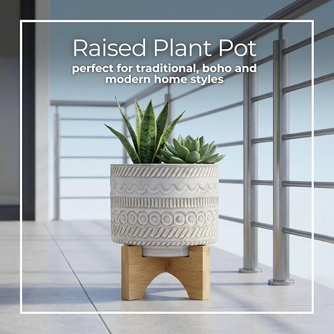 Ceramic Planter with Elevated Stand – Bamboo Indoor Plant Stand, Display for Greenery, Shelf or Patio Placement – Tribal Boho Design for Sculptural Height, Home Decor, Outdoor Decor – 8", Ivory