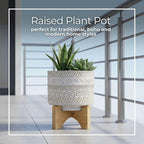 Ceramic Planter with Elevated Stand – Bamboo Indoor Plant Stand, Display for Greenery, Shelf or Patio Placement – Tribal Boho Design for Sculptural Height, Home Decor, Outdoor Decor – 8", Ivory
