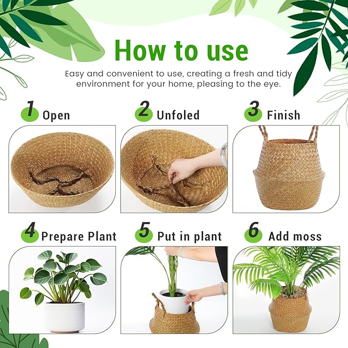 Large Wicker Plant Basket with Handle 10 Inch Woven Seagrass Belly Basket and Artificial Moss for House Plants Picnic Grocery Laundry Storage Home Decor(Large,Original,2 Pack)