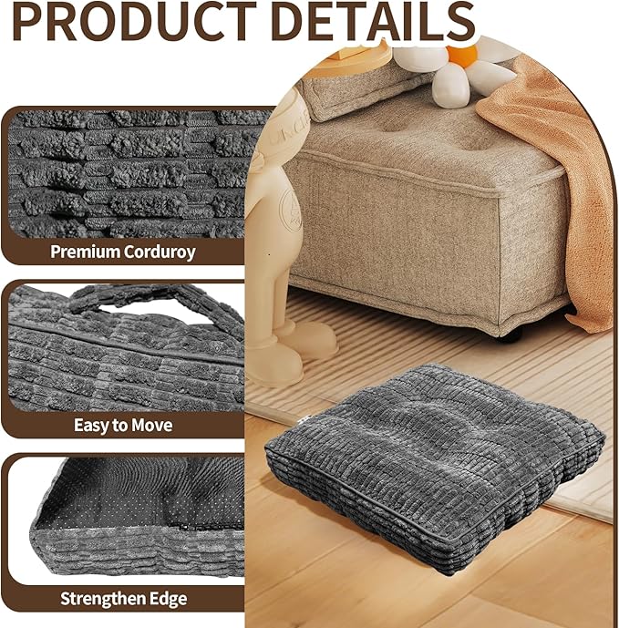 Floor Cushions, Corduroy Floor Pillow, Floors Pillows for Adults & Pets, Large Floors Pouf, Square Floored Pillows for Sitting & Yoga(1PC, Dark Grey，22"×22"×3.9")