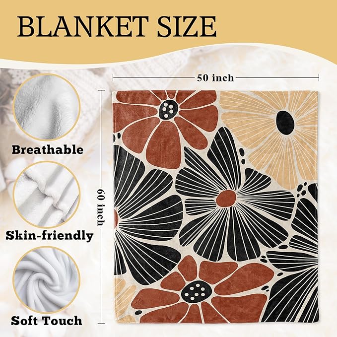 Boho Floral Blanket, Retro Abstract Flower Botanical Throw Blankets Gifts for Bed Couch Bedroom Living Room Home Decor, Boho Home Room Bedroom Decor, 50x60 Inches