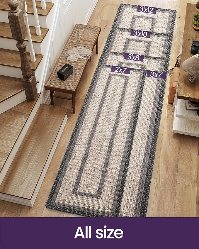 DEXI Woven Hallway Runner Rug, 3x12 Rustic Braided Vintage Carpets, Non Slip Indoor Outdoor Farmhouse Floor Rugs for Entryway, Kitchen, Laundry Room, Black/Ivory