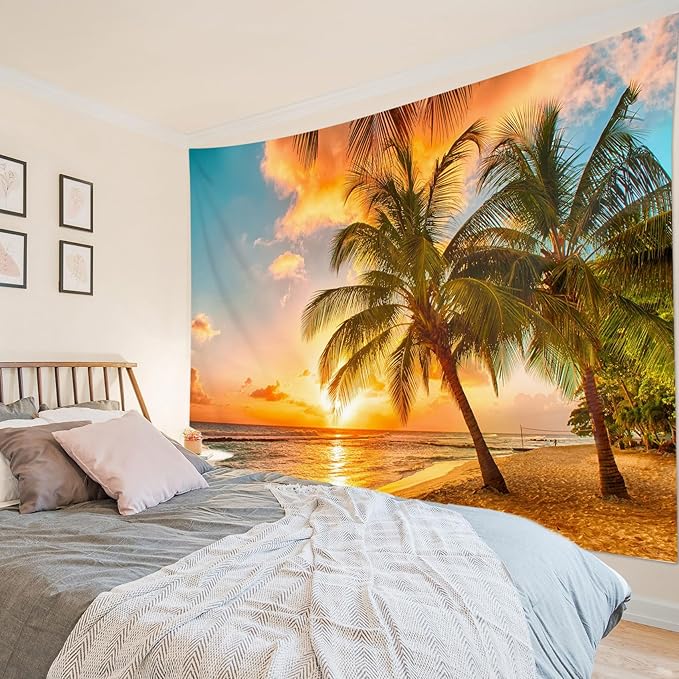 HVEST Beach Palm Tree Tapestry Wall Hanging, Nature Sunrise and Sunset Scence Tapestry, Ocean Coastal Landscape Tapestry for Living Room Bedroom Aesthetic Decor, 70.9L x 92.5W Inches