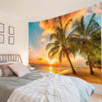 HVEST Beach Palm Tree Tapestry Wall Hanging, Nature Sunrise and Sunset Scence Tapestry, Ocean Coastal Landscape Tapestry for Living Room Bedroom Aesthetic Decor, 51L x 59W Inches