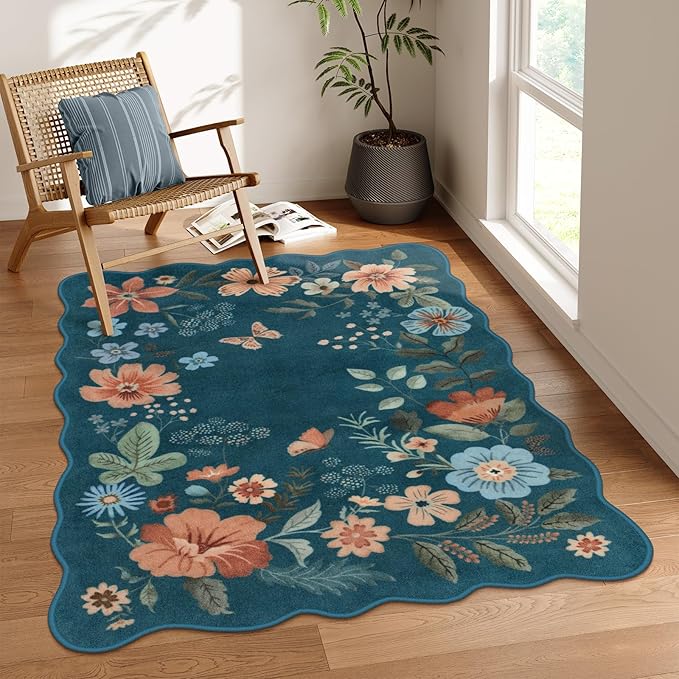 Lahome Floral Washable Rugs for Bedroom, 4X6 Area Rug Ultra-Thin Soft Living Room Rug, Non-Slip Classroom Rug Stain Resistant Boho Rug Low-Pile for ‎‎Nursery Office Flore (4x6ft,Navy Blue)