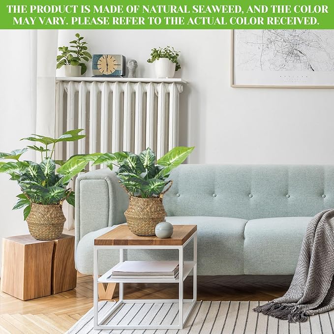 Qunclay 4 Pcs Woven Seagrass Baskets Belly Basket Folding Boho Natural Plant Pot with Handles Round Decorative Wicker Large Indoor Planter for Home Outdoor Tree Planters Decor (Xs,7.9''dx6.3''h)