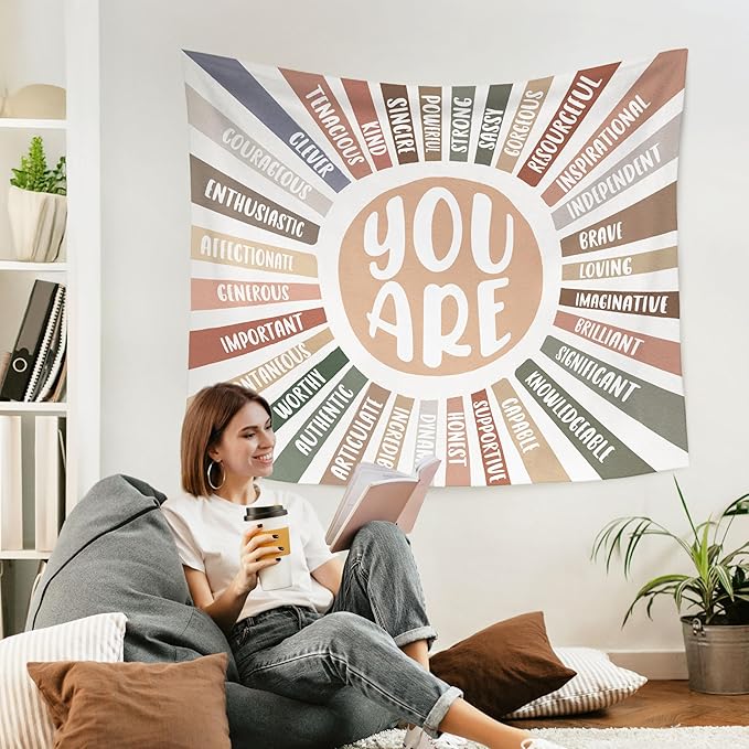 WARDOS Boho Colorful Sunshine Tapestry, You Are Inspirational Tapestry Wall Hanging, Colorful Boho Sun Positive Affirmation Wall Blanket Decor for Kids Room Nursery Playroom Classroom, 50x60 Inch